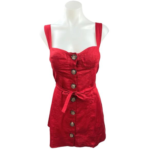 Reformation Red 100% Linen Finn Sweetheart Button Up Sleeveless Mini Dress Sz 2 - Picture 4 of 8